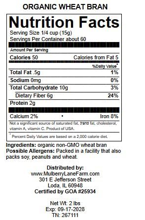 Wheat Bran, 4 Pounds USDA Certified Organic, Non-GMO Bulk, Product of USA, Mulberry Lane Farms