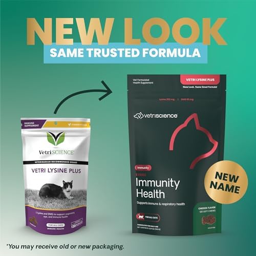 VetriScience Lysine Immunity Health Chews, 250 mg Lysine Plus Immune Supplement for Cats and Kittens with Allergies, Sneezing, Runny Nose and Watery Eyes, Chicken, 120 Count