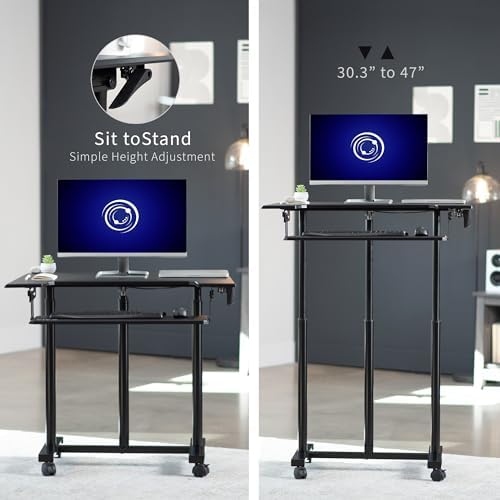 VIVO Mobile Height Adjustable Table, Stand Up Desk Cart with Sliding Keyboard Tray, Computer Workstation, Rolling Presentation Cart, Black