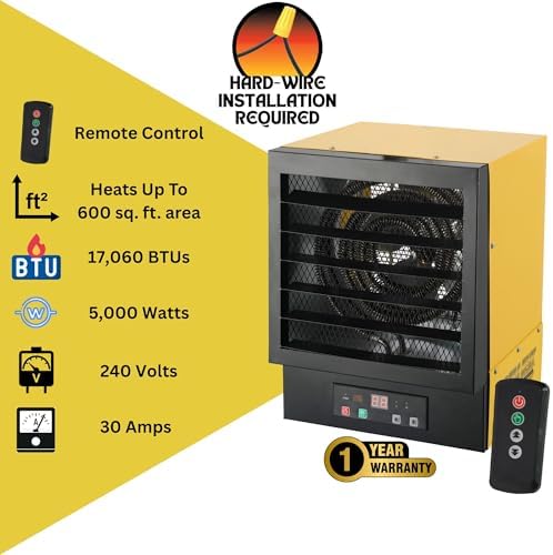 Dura Heat EWH5510 Electric Forced Air Heater with Remote Control 17, 060 Btu, Yellow, Large | NO PLUG Hardwired Install Required, Steel Body, 17