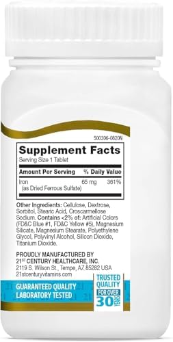 21st Century Slow-Release Iron 65mg High Potency Tablets, 120 Count | High-Potency Iron 65 mg From Ferrous Sulfate, Energy & Healthy Red Blood Cell Support, Slow-Release & Gentle on the Stomach