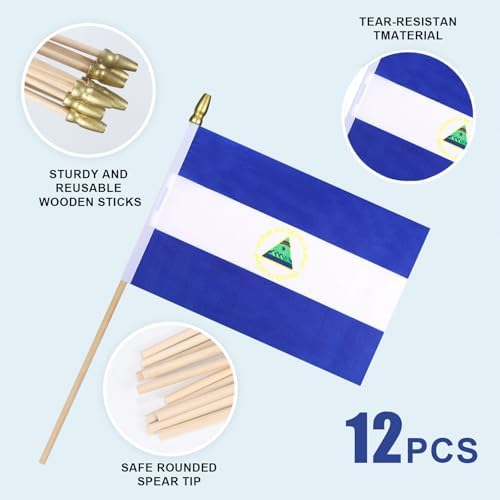 12Pcs Small Nicaragua Flags on Wooden Stick Mini Nicaraguans Flag Hand Held Flag Decorations,5x8 Inch