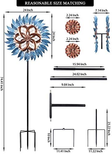 MUMTOP Wind Spinner Outdoor, Large Metal Kinetic Wind Sculptures, Blue