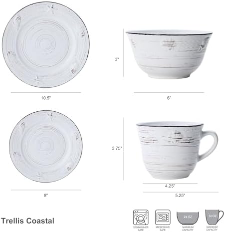 Pfaltzgraff Trellis White 16-Piece Stoneware Dinnerware Set, Service for 4, Distressed White Finish, Microwave & Dishwasher Safe Plates and Bowls
