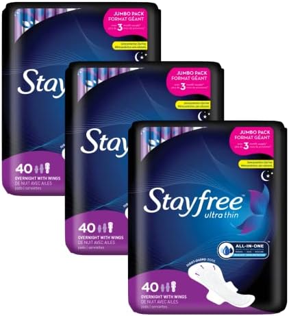 Stayfree Ultra Thin Overnight Pads with Wings, For Women, Reliable Protection and Absorbency of Feminine Moisture, Leaks and Periods