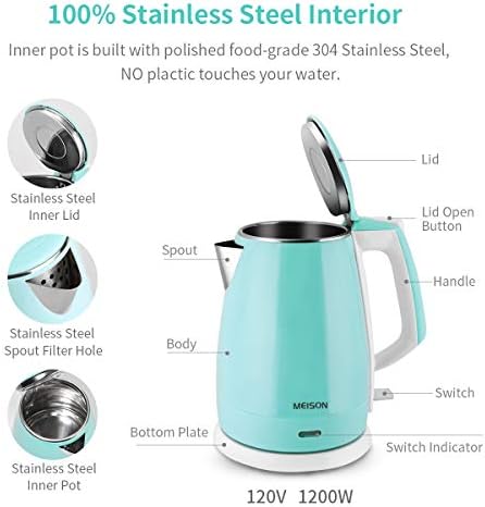 Electric Kettle(BPA Free), Double Wall Water Boiler Heater, Stainless Steel Interior, Cool Touch Coffee Pot & Tea Kettle