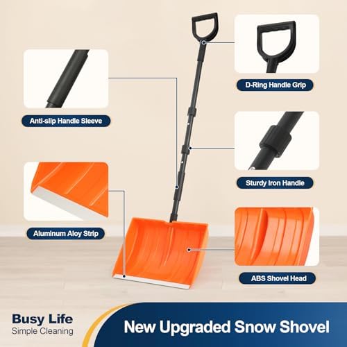 Yocada Snow Shovel 55" Long for Home Garage Driveway Snow Removal | D-Grip Handle Aluminum Strip Large Capacity Orange Shovel for Garden Car Camping