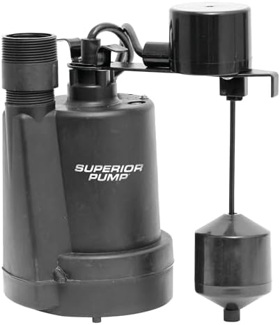 Superior Pump 92260 1/4 HP Thermoplastic Sump Pump with Vertical Float Switch, Black