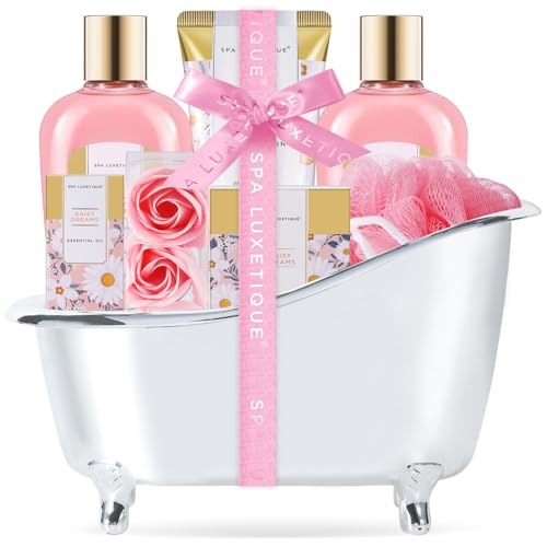 Self Care Gifts for Women, Spa Luxetique 8pcs Daisy Bath and Body Gift Baskets for Her, Bath Set with Bubble Bath, Lotion, Christmas Gifts for Mom