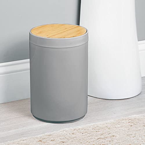 mDesign Plastic Round Trash Can Small Wastebasket - Garbage Bin Container with Swing-Close Lid - Bathroom Garbage Basket - Holds Waste, Recycling - 1.3 Gallon - Basa Collection - Cream/Beige/Natural