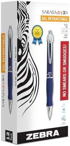 Zebra Pen SARASA X10 Retractable Gel Pen, Black Ink, 0.7mm, 12-Pack | Rapid-Dry Ink, Smooth, Smear-Resistant, Wide Barrel, Ideal for Left-Handed Writers, Note-Taking, Medium Point Tip (42620)