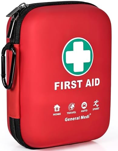 General Medi First Aid Kit - 170 Pieces Hard Case and Lightweight - Great for Travel, Home, Office, Vehicle, Camping, Workplace & Outdoor (Red)