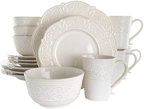 Elama Round Decorated Stoneware Scallop Embossed Dinnerware Dish Set, 16 Piece, Luna