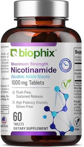 biophix B-3 Nicotinamide 1000 mg 60 Tablets Extra Strength Timed Release - Nicotinic Amide Niacin Natural Flush-Free Vitamin Formula - Supports Skin