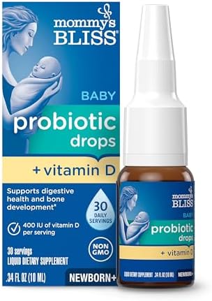 Mommy's Bliss Baby Probiotics + Vitamin D Drops, Supports Digestive Health & Immune Function*, 400IU Vitamin D , Supports Bone Development*, Newborns+, Flavorless, 0.34 Fl Oz (30 Servings)