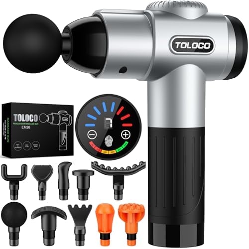 TOLOCO Massage Gun, Deep Tissue Back Massage for Athletes for Pain Relief, Percussion Massager with 10 Massages Heads & Silent Brushless Motor
