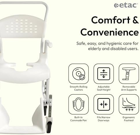 Etac Clean 24" Self-Propelled Shower Chair with Wheels - 21 3/4 Inch Fixed Height with 24 Inch Rear Wheels - Shower Wheelchair for Elderly and Disabled - Movable Armrest & Ergonomic Footrest