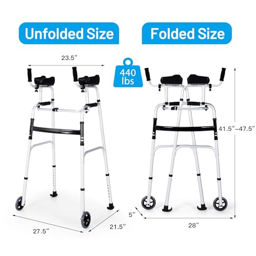 Nightcore Folding Standard Walker，Rehabilitation Auxiliary Walking Aid, Front Wheeled Walker w/Adjustable Height & Removable Armrests