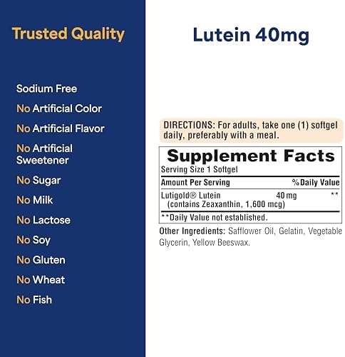 Puritan's Pride Premium Lutigold™ Lutein Carotenoid 40mg with Zeaxanthin | For Men and Women, Dietary Supplement for Eye Health Support