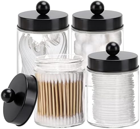 Tbestmax Glass Qtip Holder Dispenser, 10-Ounce Bathroom Containers Apothecary Jars with Metal Lids for Cotton Ball Swab Pad (4 Pack)