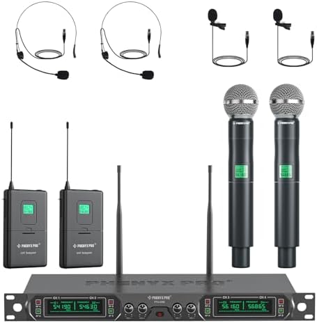 Phenyx Pro 4-Ch UHF Fixed Frequency Wireless Microphone PTU-5000-2H2B | 2 Handheld Mics, 2 Bodypacks, Headset/Lapel Mics, Metal Build, 260 ft Range