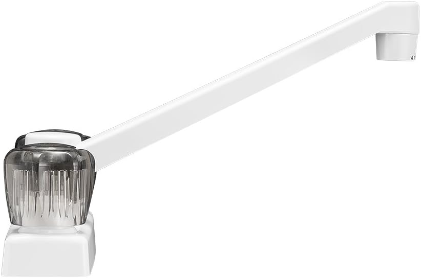 Dura Faucet DF-PK640S-WT RV Swivel Kitchen Galley Bar Faucet (White) | Smoked acrylic knobs and a rotating spout serve sink or bar duty.