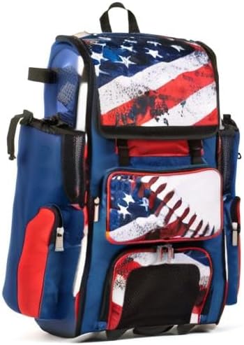 Boombah Rolling Superpack 2.0 Baseball/Softball Gear Bag - 23-1/2" x 13-1/2" x 9-1/2" - USA Baseball Royal/Red/White - Telescopic Handle - Holds 4