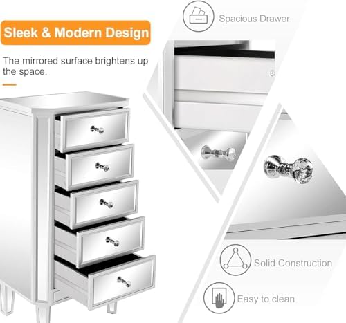 VINGLI Mirrored Dresser 5 Drawers Modern Chest, Mirrored Chest of Drawers, Glass Dresser for Living Room, Silver