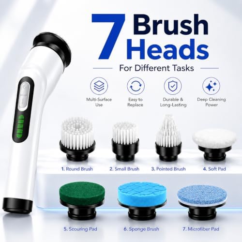 Highyes Electric Spin Scrubber for Bathroom | IPX7 Waterproof Shower Scrubber with Extendable Long Handle，Bathroom Cleaning Scrubber with 7
