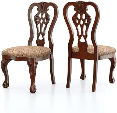 Furniture of America Madeline Traditional Solid Wood Kitchen and Dining Room Chairs Set of 2 with Pattern Fabric Upholstered, Antique Padded Side Seat