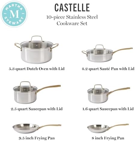 Martha Stewart Castelle 10 Piece 18/8 Durable Stainless Steel Induction Safe Pots and Pans Non-Toxic Kitchen Cookware Set - Gold Handles - Dishwasher Safe