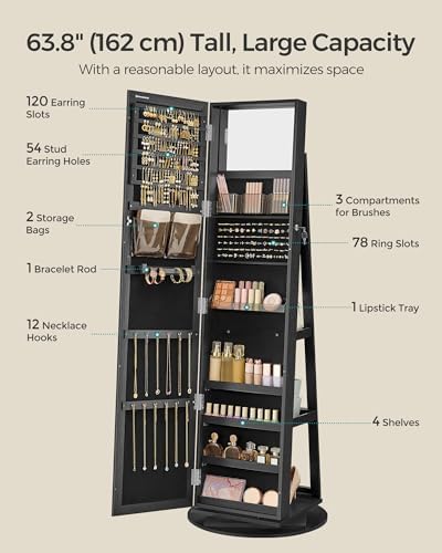 SONGMICS 360° Swivel Jewelry Cabinet, Full-Length Mirror, Lockable