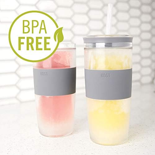 HOST Double Wall Insulated Freezable Drink Chilling Tumbler with Freezing Gel Glasses for Red and White Wine, Straw and Lid, Plastic, 16 oz, Grey