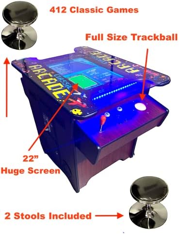 Full Size Commercial Grade Cocktail Arcade Machine 2 Player Upgraded Trackballs 412 Games 22" LCD Screen Tempered Glass 2 Stools Included 5 Year