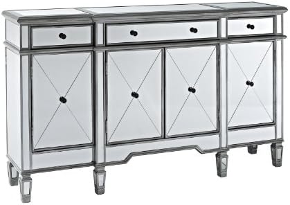 60" Silver Wood Frame Mirrored Panels Andrea Storage Sideboard Buffet Cabinet for Living Room