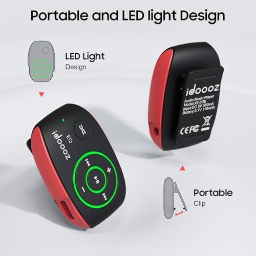 Clip MP3 Player with LED Light, idoooz 8GB X2 Mini MP3 Music Player | Clip-On MP3 Player With Shuffle and Loop Playback for Sports, Gym, Jogging