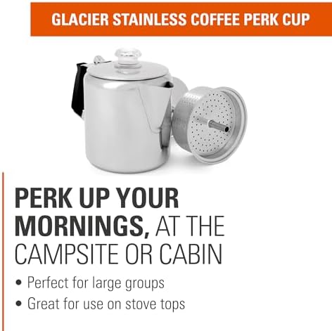 GSI Outdoors Percolator Coffee Pot I Glacier Stainless Steel with Silicone Handle for Camping, Backpacking, Travel, RV & Hunting - Stove Safe