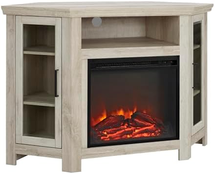 Walker Edison Alcott Classic Glass Door Fireplace Corner TV Stand for TVs up to 55 Inches, 48 Inch, White Oak