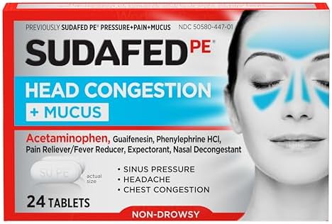 Sudafed PE Head Congestion + Mucus Relief Tablets, Non-Drowsy, 24 Ct | For Sinus Pressure, Congestion & Headache, Decongestant with Acetaminophen