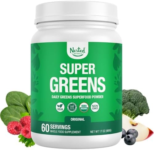 Nested Naturals Super Greens Daily Superfood Powder - Certified USDA Organic Green Powder w/20+ Whole Foods, Spirulina Powder,Wheat & Barley Grass - Probiotics, Fiber & Enzymes - Original Flavour, 30