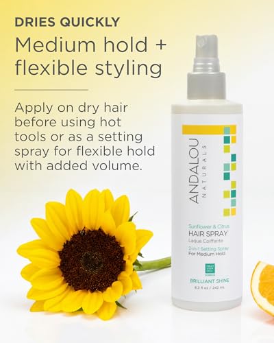 Andalou Naturals Sunflower & Citrus Brilliant Shine Hair Spray (8.2 fl oz) | Styling for Shine & Medium Hold, Aloe Vera for Frizz Control, Natural & Cruelty Free