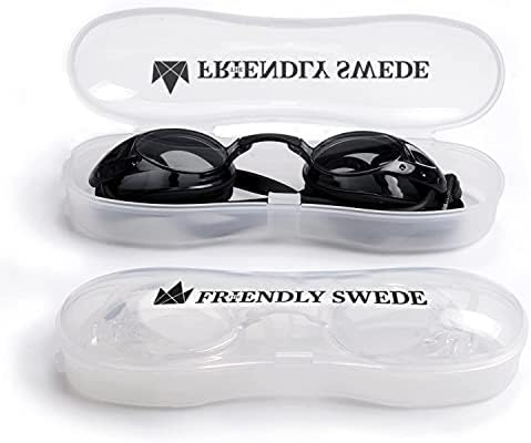 The Friendly Swede Goggles for Women & Men, 3 Nose Pieces & Case | 2 Pack, Wide Angle Lens, Anti Fog Swimming Goggles, 3 sizes of Interchangeable nose bridge (S, M, L), White/Black