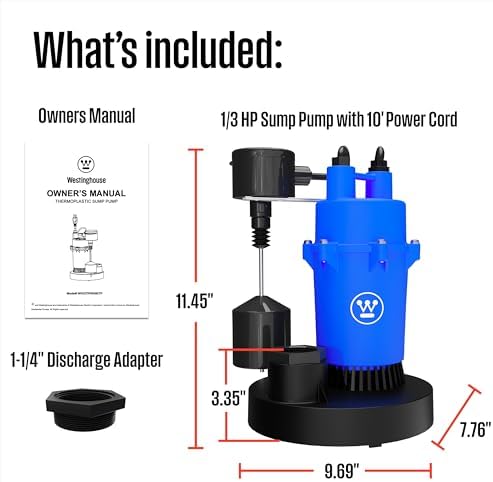 Westinghouse Sump Pump 1/2 HP 69 GPM Submersible Water Pump Thermoplastic Portable Utility Pump High Flow Water Removal for Swimming Pool Garden Pond Basement Window Wells with 10ft Long Power Cord