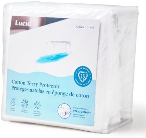 LUCID Premium Waterproof Mattress Protector, Queen Size – Fitted Sheet Style, Machine Washable – Cotton Terry Top Cover – Dorm Room Essential – White
