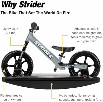 Strider Sport 2-in-1 Rocking Bike, Ages 6 Months–4 Years | For 12 Model, Converts Baby Rocking Toy to Toddler Balance Bike, Tool-Free Adjustments, Wide and Stable Base, Durable Plastic