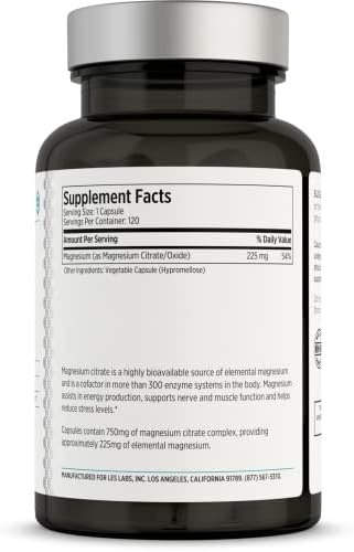 LES Labs Magnesium Citrate Supplement, 120 Capsules | Magnesium Citrate, Stress & Sleep Support, Muscle & Nerve Function, Heart Health, Relaxation, Energy & Metabolism, Non-GMO