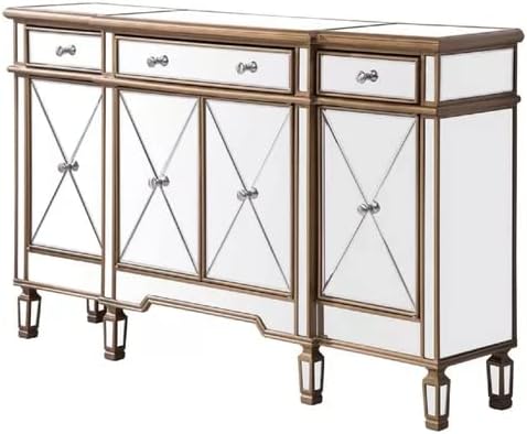 60 Inch Gold Wood Frame Mirrored Panels Andrea Storage Sideboard Buffet Cabinet for Living Room