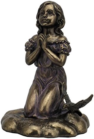 5.12" Cold Cast Bronze Color Praying Girl Kneeling Next to Bird Statue