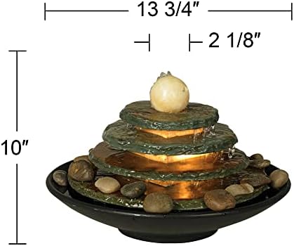 Pyramid 10" High Feng Shui Ball Lighted Table Indoor Small Fountain | Zen Modern Decor Slate Stone Tabletop with Light Waterfall Rock Water Feature for Desk Relaxation Bedroom Living Room