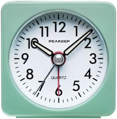 Peakeep Ultra Small, Battery Travel Alarm Clock with Snooze and Light | Silent No Ticking Analog Quartz Clock (Aquamarine)